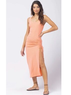 L*Space Sandpiper Ribbed Ruched Midi Dress NWT Coral Orange